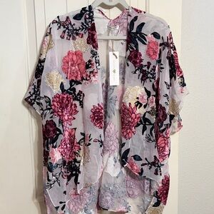 Woven Heart Sheer Floral Kimono - Pink & Gold Accents size OS NWT
